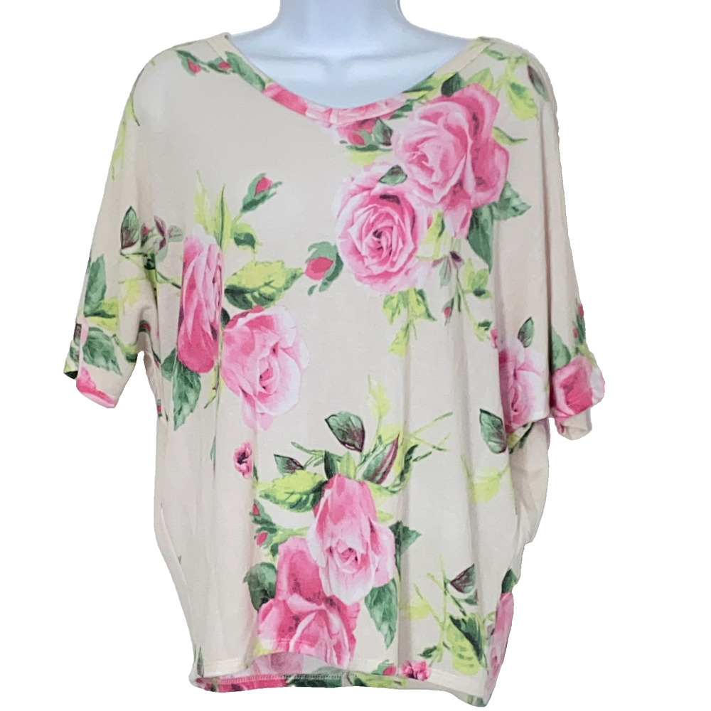 Andree By Unit Womens Small White Rose Floral Blouse Top V-neckline Short Sleeve